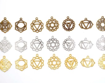 Set Of 7 Antique Bronze, Antique Silver Or Antique Gold Chakra Symbol Pendant/Charms - 40-1