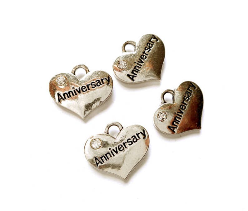 4 Antique Silver Anniversary Heart Charms 21-29-9 image 4