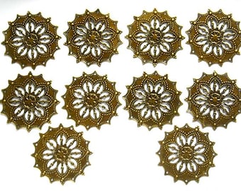 10 Antique Bronze Filigree Flower Components - 1-66