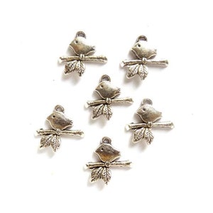 6 Antique Silver Bird On Branch Charms - 21-48-10