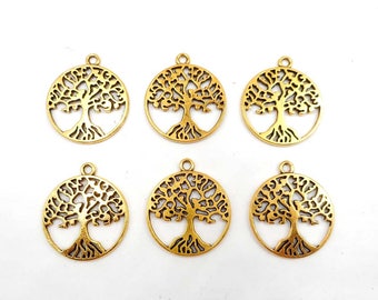 6 Antique Gold Tree Of Life Charms - 21-TOP
