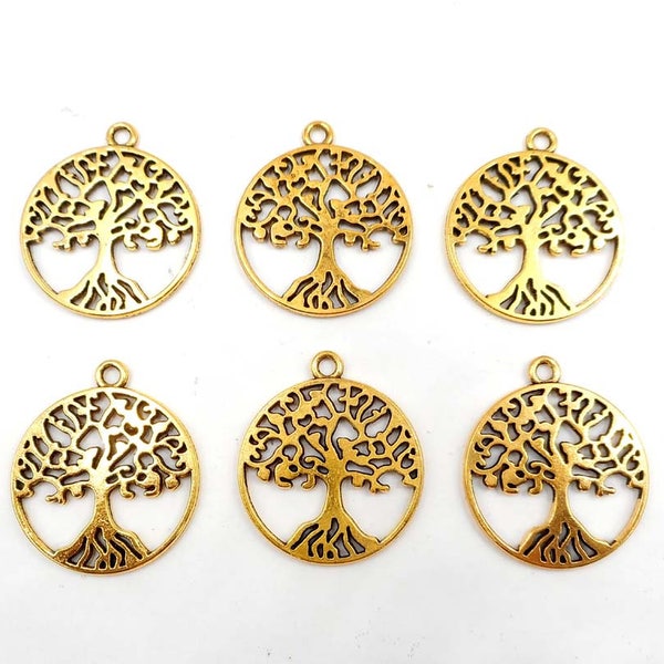 6 Antique Gold Tree Of Life Charms - 21-TOP