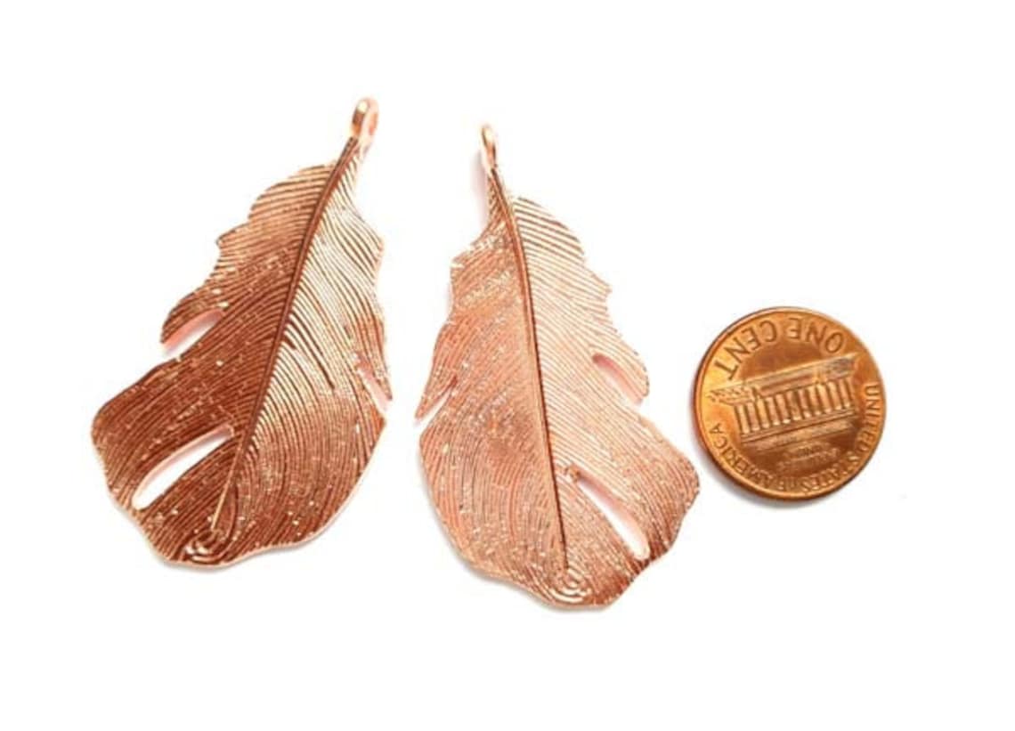 2 Rose Gold Plated Feather Charms 27335 Etsy