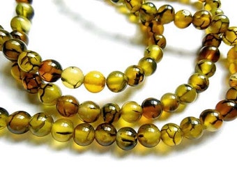 60 Olive Dragon Veins Agate Gemstone Beads - 41-3-9