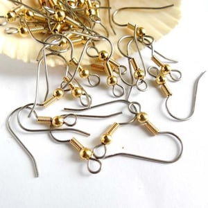 Surgical Steel French Hook Ear Wires With Gold Plated Bead And Coil - 5 pairs - 13-13