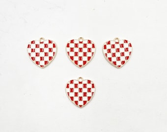 4 Enameled Red And White Checkered Heart Charms- 20-14-4