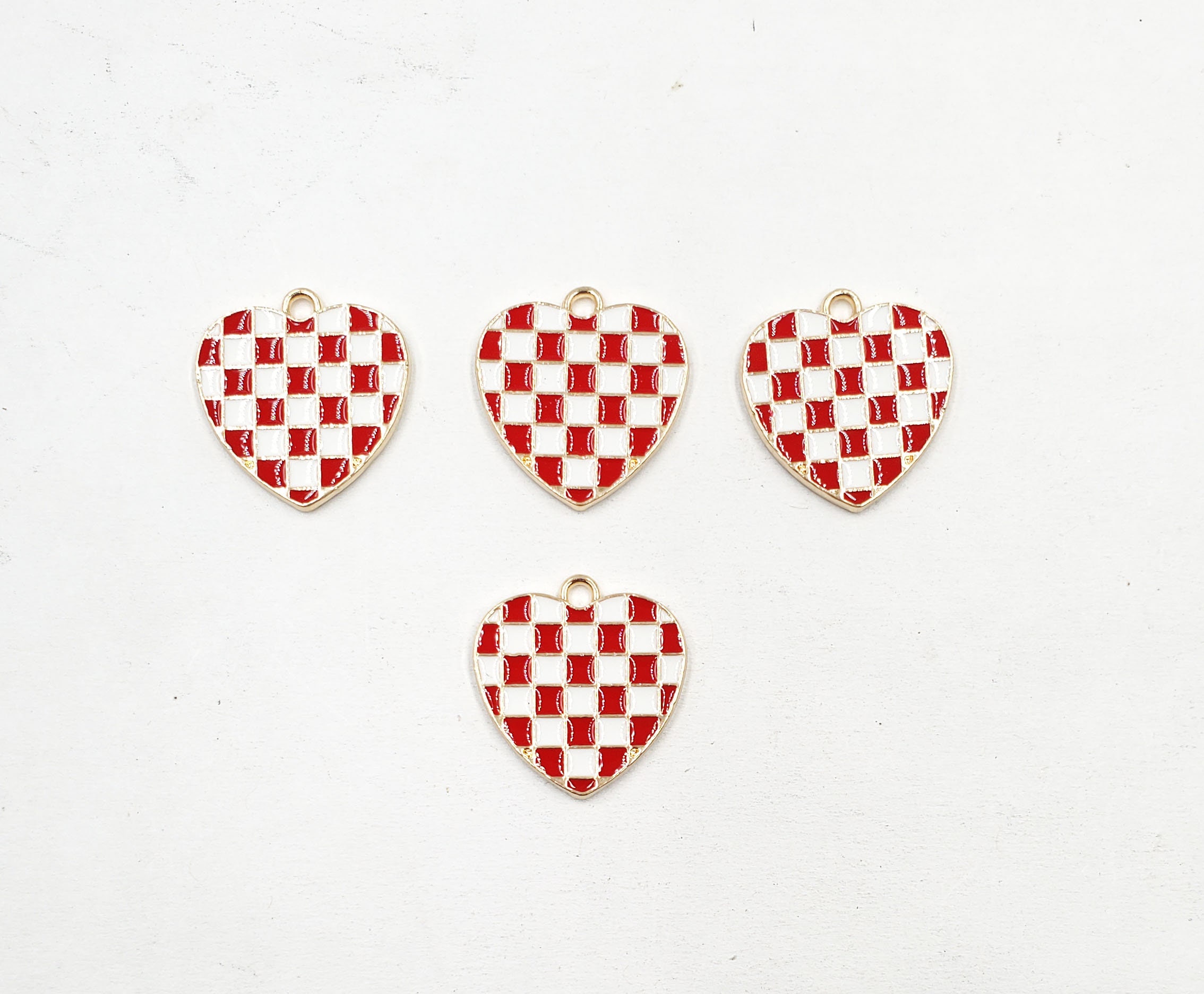 4 Enameled Red And White Checkered Heart Charms- 20-14-4