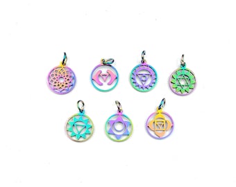 Set Of 7 Stainless Steel Electroplated Chakra Symbol Pendant/Charms - 23-19-2