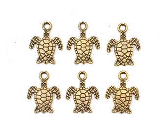 6 Antique Bronze Turtle Charms - 23-4-2