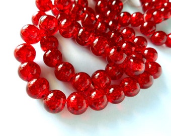 40 Red Crackle Glass Beads - 32-62