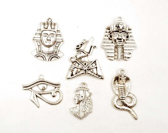 6 Assorted Antique Silver Egyptian Themed Pendant/Charms - 30-33-12