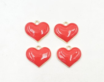 4 Red Enameled Heart Charms - 22-24-10