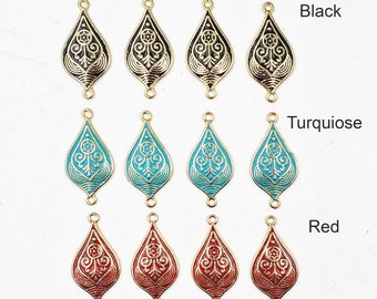 4 Black, Turquoise Or Red On Antique Gold Enameled Teardrop Connectors - 1-38-D