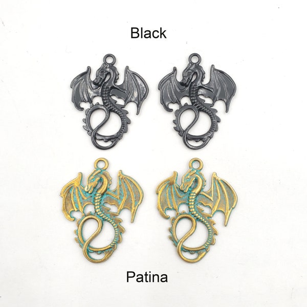2 Connecteurs Breloque Dragon Noir Ou Patiné Et Bronze Antique - 21-8-3
