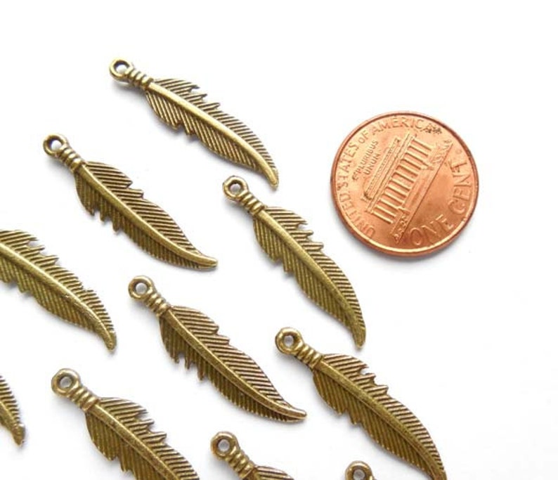 10 Antique Bronze Feather Charms Jewelry Making 2325 Etsy