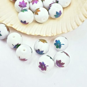 8 White Electroplated Maple Leaf Glass Beads - 25-61-B