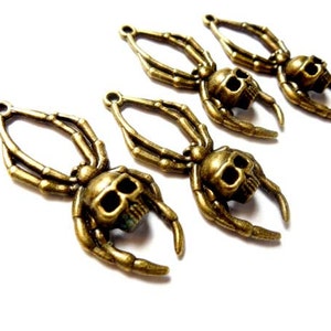 4 Antique Bronze Skull Spider Charms 20-A-14 image 5