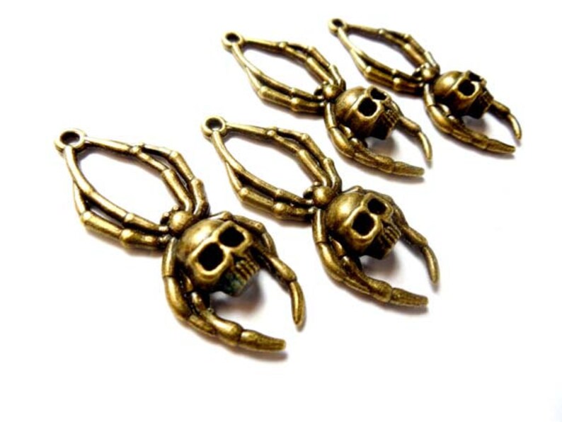 4 Antique Bronze Skull Spider Charms 20-A-14 image 5