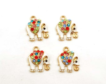 4 Gold Plated White Enameled Elephant Charms With Multi-Colored Rhinestones - 22-23-3