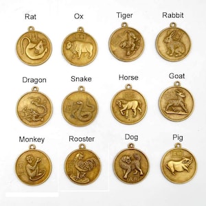 1 o set completo di 12 pendenti/ciondoli in bronzo antico con zodiaco cinese - 26-32-C