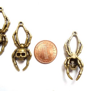 4 Antique Bronze Skull Spider Charms 20-A-14 image 3