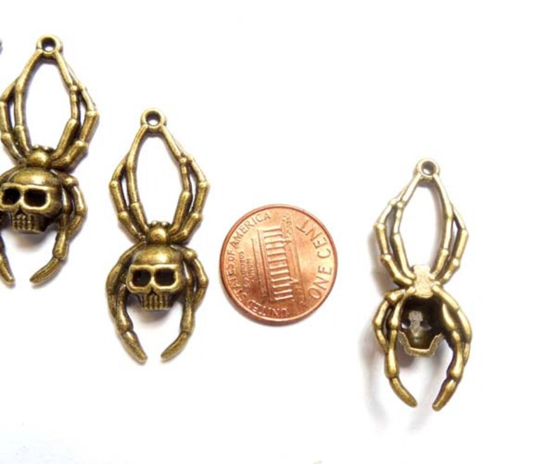 4 Antique Bronze Skull Spider Charms 20-A-14 image 3
