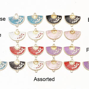 2 Asian Inspired Enameled Fan Connector/Charms With Floral Design - 30-17-3