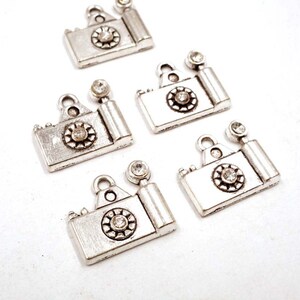 5 Antique Silver Camera Charms With Clear Rhinestones - 21-38-13
