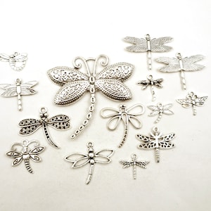 12 Assorted Antique Silver Dragonfly Charms - 20-2-2