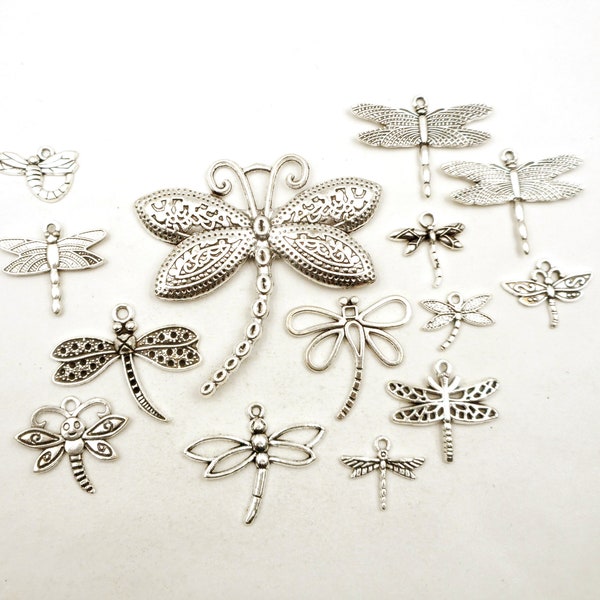 12 Assorted Antique Silver Dragonfly Charms - 20-2-2