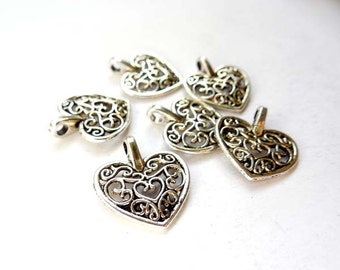 6 Antique Silver Filigree Heart Charms - 21-44-1