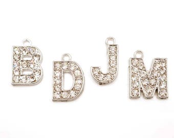 4 Antique Silver Initial Alphabet Rhinestone Charms - You Choose - 31-14