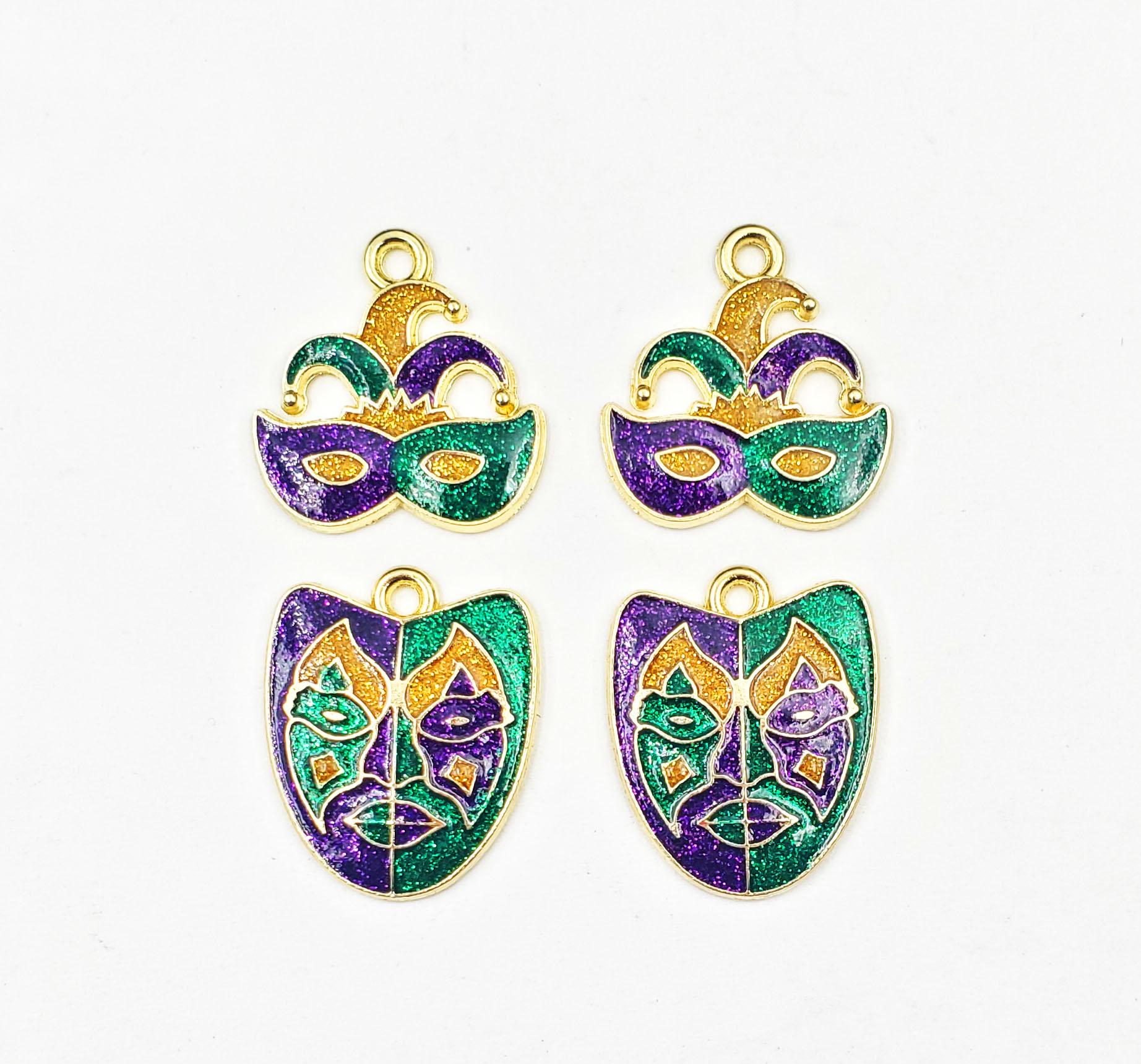 4 Enameled Antique Gold Mardi Gras Mask Charms - 23-25-3