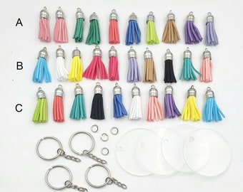 10 Clear Round Acrylic Blanks Keychain Assorted Tassel Crafting Kit - 39-35-A