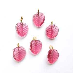 4 Pink Glass Leaf Drop Charms With Embedded Brass Loop 24-3 image 4