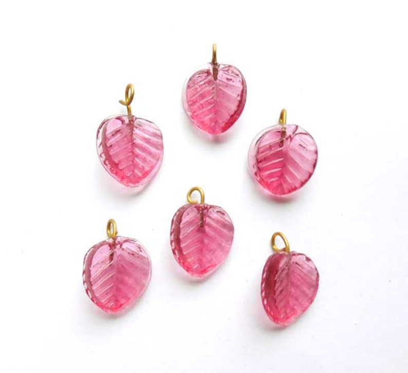 4 Pink Glass Leaf Drop Charms With Embedded Brass Loop 24-3 image 4