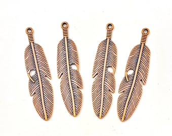 4 Antique Copper Feather Pendant/Charms - 32-15-E