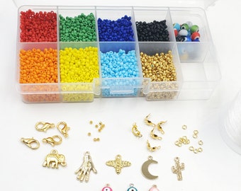 DIY Evil Eye Bracelet Or Necklace Making Kit, Including Glass Seed Beads And Stainless Steel Charms - 36-01-A