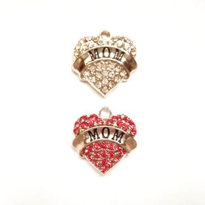 1 Antique Silver Mother's Day Heart Charms With Pink Or Clear Rhinestones 27-14 image 1
