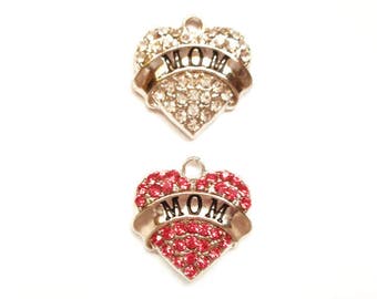 1 Antique Silver Mother's Day Heart Charms With Pink Or Clear Rhinestones - 27-14