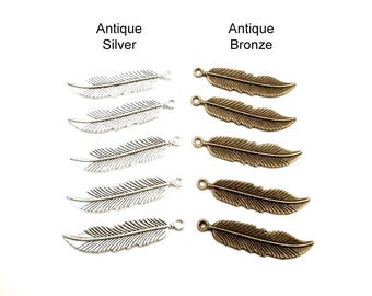 5 Antique Silver Or Antique Bronze Feather Charms - 27-1