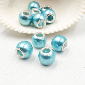 10 Blue And Silver Large Hole Acrylic Beads - 28-3