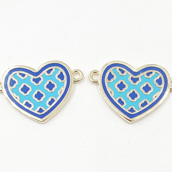 2 Gold Plated Blue Enameled Heart Connectors - 21-60-4