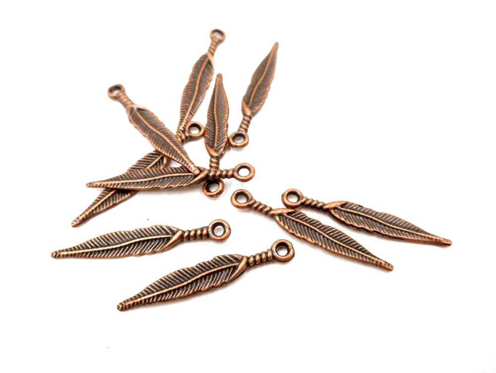 10 Antique Copper Feather Charms Jewelry Making 22132 Etsy
