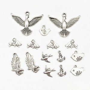 15 Assorted Antique Silver Bird Charms - 21-32-10