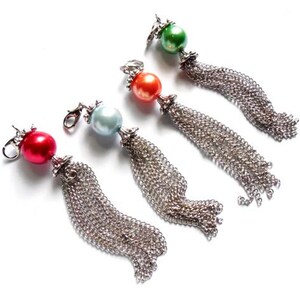 4 Assorted Antique Silver Metal Tassels With Glass Pearl Bead Charm/Pendants - 22-36-14