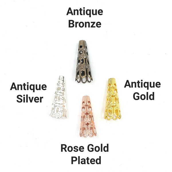 8 Antique Bronze, Antique Gold, Rose Gold Plated Or Silver Plated Cone Filigree Bead Caps - 41-1-25