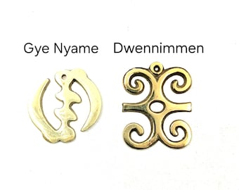 May include: Two gold-toned metal pendants featuring Adinkra symbols. The left pendant is labeled Gye Nyame and has a curved, abstract shape. The right pendant is labeled Dwennimmen and features a symmetrical, scroll-like design with a central oval.