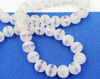 70 White Electroplated Frosted Round Glass Beads, 8mm - 31-3-C