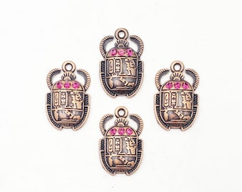 4 Antique Copper Scarab Charms With Fuchsia Rhinestones - 30-33-15